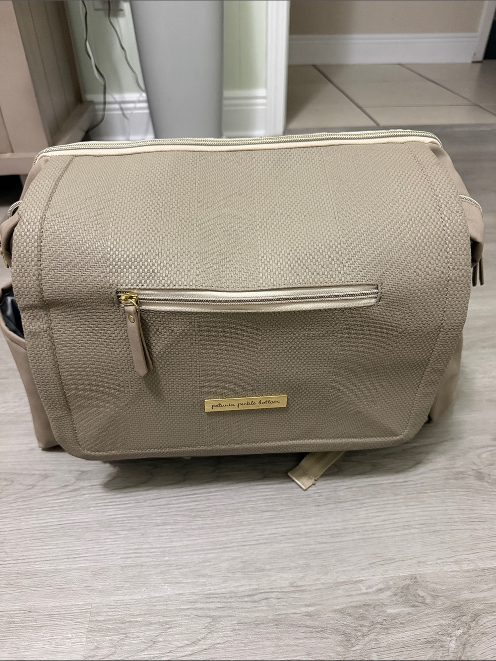 Petunia Pickle Bottom Neutral Taupe Baby Diaper Bag with Gold Hardware